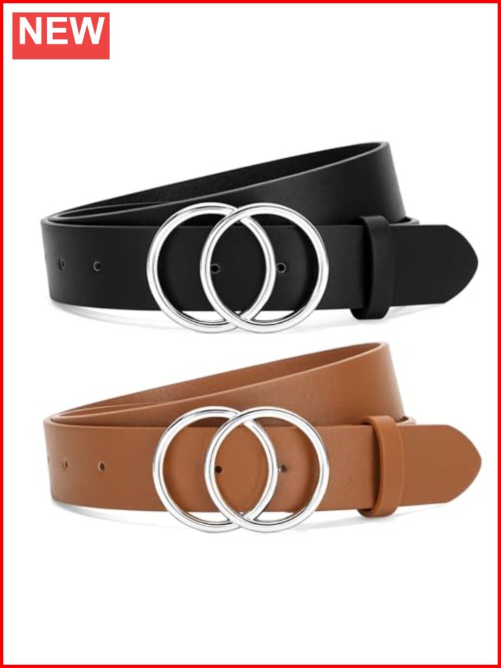 2 Pack Women Faux Leather Jeans Belt Double O Ring Buckle